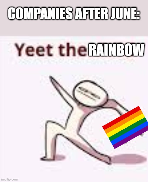 Yeet the rainbow | COMPANIES AFTER JUNE:; RAINBOW | image tagged in single yeet the child panel | made w/ Imgflip meme maker