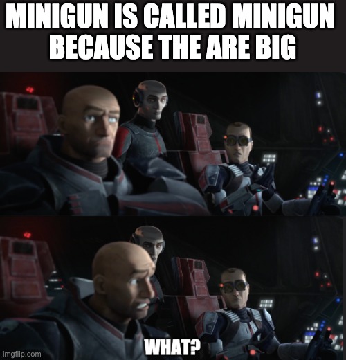 what | MINIGUN IS CALLED MINIGUN 
BECAUSE THE ARE BIG | image tagged in what,fact,meme | made w/ Imgflip meme maker