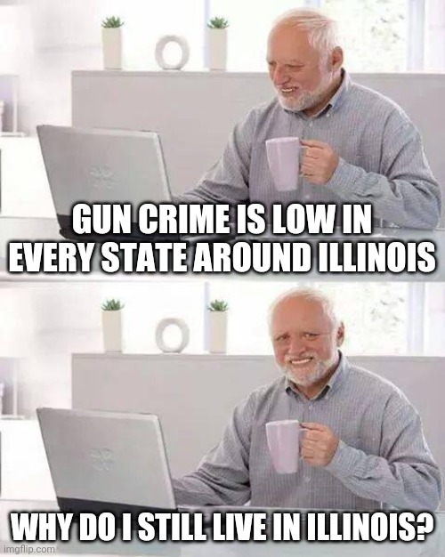Illinois is now one of the highest in the country. A very blue state | GUN CRIME IS LOW IN EVERY STATE AROUND ILLINOIS; WHY DO I STILL LIVE IN ILLINOIS? | image tagged in memes,hide the pain harold,illinois,guns,gun violence,democrats | made w/ Imgflip meme maker