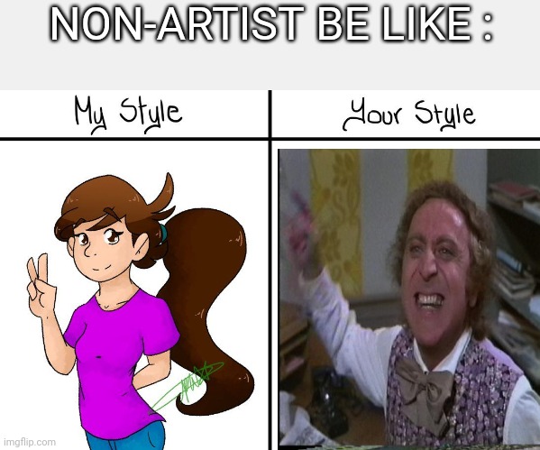 non-artist be like : | NON-ARTIST BE LIKE : | image tagged in willy wonka,angry willy wonka,fun,memes,artists,deviantart | made w/ Imgflip meme maker
