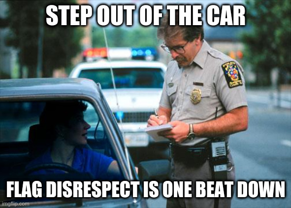 Officer Ticket | STEP OUT OF THE CAR; FLAG DISRESPECT IS ONE BEAT DOWN | image tagged in officer ticket | made w/ Imgflip meme maker