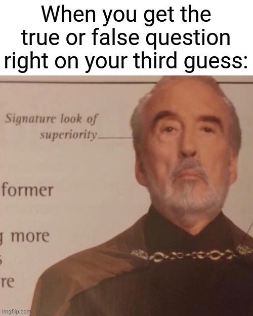 Signature Look of superiority | When you get the true or false question right on your third guess: | image tagged in signature look of superiority,memes | made w/ Imgflip meme maker