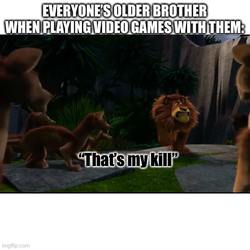 Everyone’s older brother when playing video games with them | EVERYONE’S OLDER BROTHER WHEN PLAYING VIDEO GAMES WITH THEM:; “That’s my kill” | image tagged in video games,brothers,madagascar,relatable,animals,funny | made w/ Imgflip meme maker