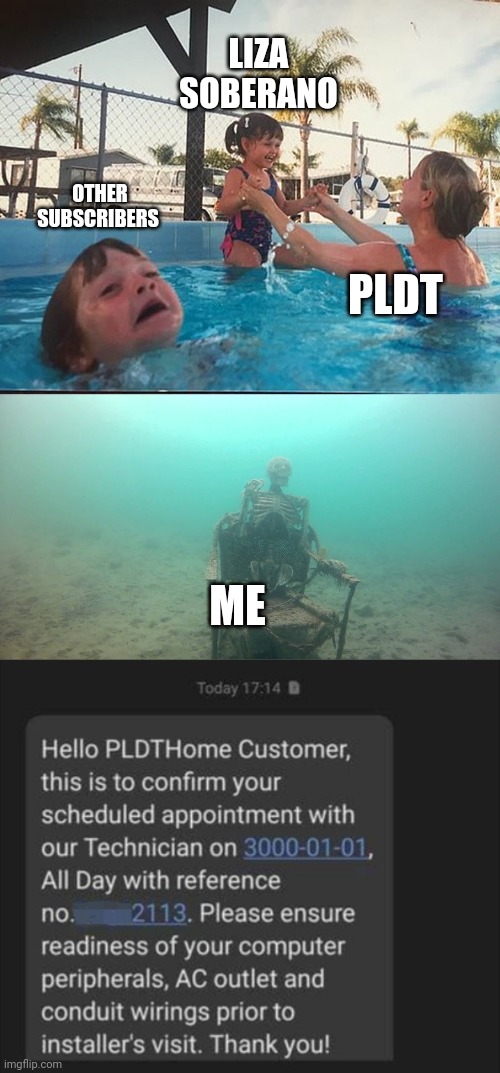 LIZA SOBERANO; OTHER SUBSCRIBERS; PLDT; ME | image tagged in drowning kid skeleton,Philippines | made w/ Imgflip meme maker