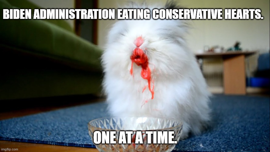 Ewwwww.  But true.  They ain't arresting Democrats.  Lol | BIDEN ADMINISTRATION EATING CONSERVATIVE HEARTS. ONE AT A TIME. | image tagged in killer bunny | made w/ Imgflip meme maker