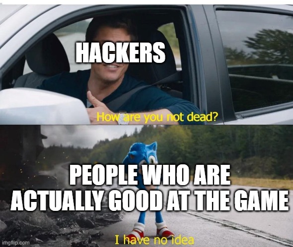Literally every single pro vs hacker game | HACKERS; PEOPLE WHO ARE ACTUALLY GOOD AT THE GAME | image tagged in sonic how are you not dead | made w/ Imgflip meme maker