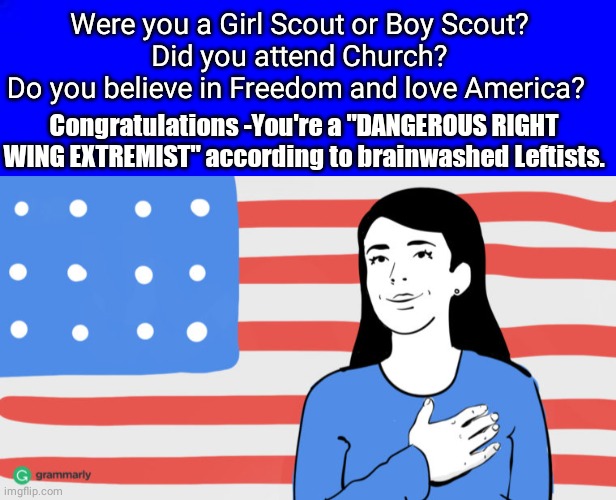 Dangerous right wing extremist | Were you a Girl Scout or Boy Scout?
Did you attend Church?
Do you believe in Freedom and love America? Congratulations -You're a "DANGEROUS RIGHT WING EXTREMIST" according to brainwashed Leftists. | image tagged in blue square | made w/ Imgflip meme maker