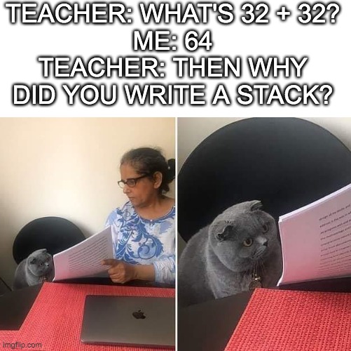 a stack | TEACHER: WHAT'S 32 + 32?
ME: 64
TEACHER: THEN WHY DID YOU WRITE A STACK? | image tagged in woman showing paper to cat | made w/ Imgflip meme maker