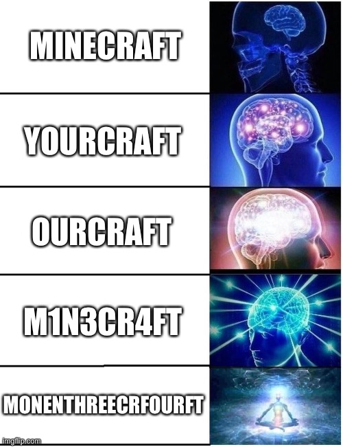 Expanding Brain 5 Panel | MINECRAFT YOURCRAFT OURCRAFT M1N3CR4FT MONENTHREECRFOURFT | image tagged in expanding brain 5 panel | made w/ Imgflip meme maker