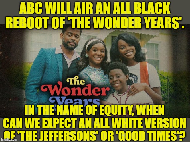 And does anyone remember where the title of "The Wonder Years" comes from? | ABC WILL AIR AN ALL BLACK REBOOT OF 'THE WONDER YEARS'. IN THE NAME OF EQUITY, WHEN CAN WE EXPECT AN ALL WHITE VERSION OF 'THE JEFFERSONS' OR 'GOOD TIMES'? | image tagged in the wonder years | made w/ Imgflip meme maker