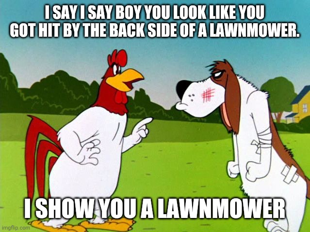 foghorn leghorn | I SAY I SAY BOY YOU LOOK LIKE YOU GOT HIT BY THE BACK SIDE OF A LAWNMOWER. I SHOW YOU A LAWNMOWER | image tagged in foghorn leghorn | made w/ Imgflip meme maker