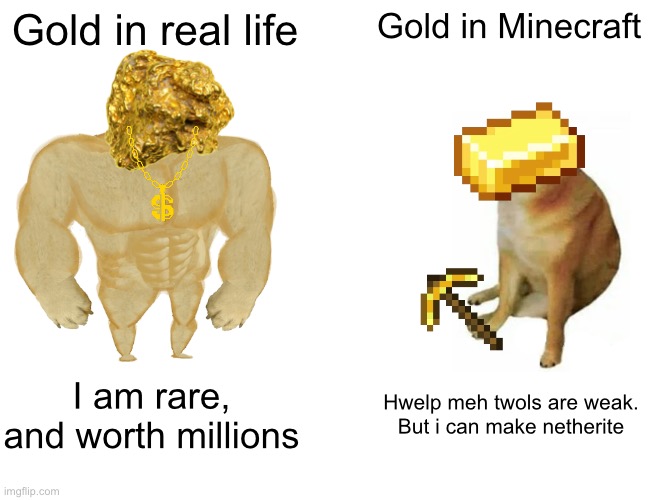 Minecraft | Gold in real life; Gold in Minecraft; I am rare, and worth millions; Hwelp meh twols are weak.
But i can make netherite | image tagged in memes,buff doge vs cheems,gold | made w/ Imgflip meme maker