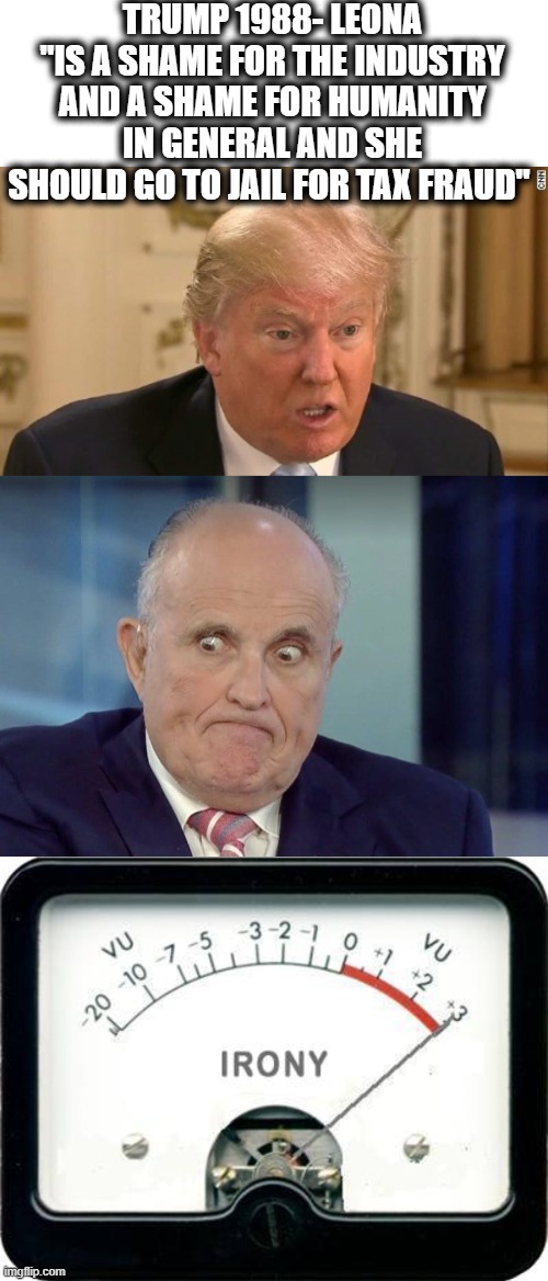 Off the chart hypocrisy. Rudy being the prosecutor at the time, adds a whole bunch of Irony. | TRUMP 1988- LEONA "IS A SHAME FOR THE INDUSTRY AND A SHAME FOR HUMANITY IN GENERAL AND SHE SHOULD GO TO JAIL FOR TAX FRAUD" | image tagged in trump stupid face,rudy guliani,irony meter,maga,memes,politics | made w/ Imgflip meme maker