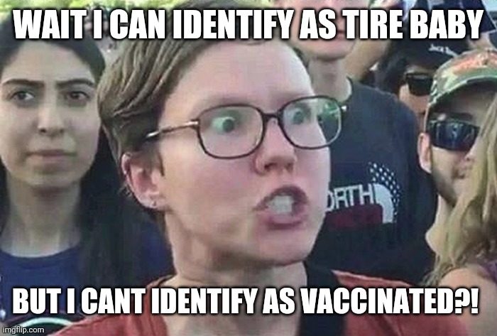 Triggered Liberal | WAIT I CAN IDENTIFY AS TIRE BABY BUT I CANT IDENTIFY AS VACCINATED?! | image tagged in triggered liberal | made w/ Imgflip meme maker