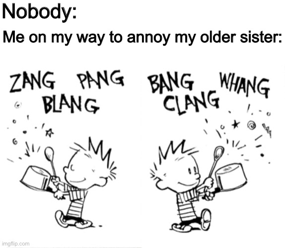 Nobody:; Me on my way to annoy my older sister: | made w/ Imgflip meme maker