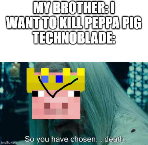 my brother irl is curesed. and he loves poppy flowers. which poppy flowers dont like him. | MY BROTHER: I WANT TO KILL PEPPA PIG
TECHNOBLADE: | image tagged in so you have chosen death | made w/ Imgflip meme maker