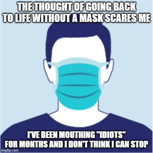 masking words | THE THOUGHT OF GOING BACK TO LIFE WITHOUT A MASK SCARES ME; I'VE BEEN MOUTHING "IDIOTS" FOR MONTHS AND I DON'T THINK I CAN STOP | image tagged in wearing masks | made w/ Imgflip meme maker