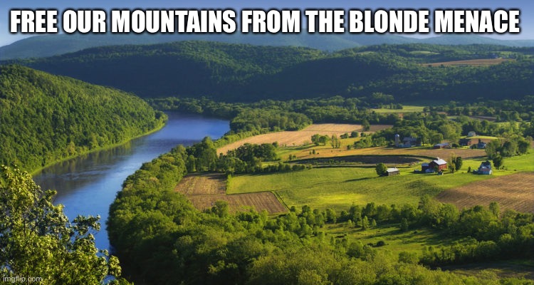 Free our mountains | FREE OUR MOUNTAINS FROM THE BLONDE MENACE | image tagged in free our mountains | made w/ Imgflip meme maker