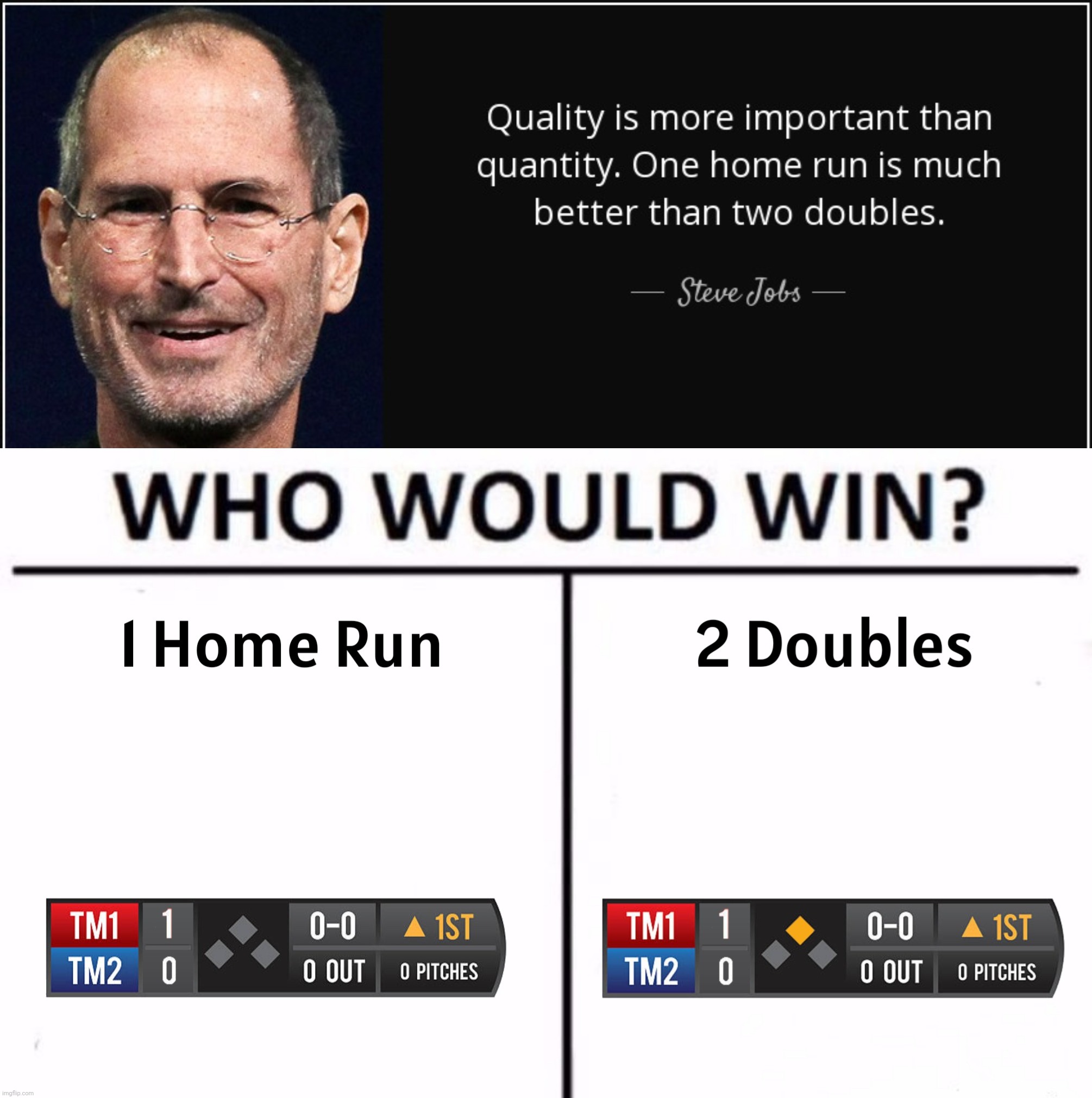 Bad Photoshop Sunday presents:  Personally I'd take a run scored and a runner in scoring position | image tagged in bad photoshop sunday,steve jobs,baseball,home run | made w/ Imgflip meme maker