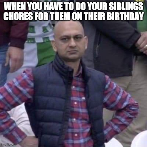 e | WHEN YOU HAVE TO DO YOUR SIBLINGS CHORES FOR THEM ON THEIR BIRTHDAY | image tagged in pakistan fan | made w/ Imgflip meme maker
