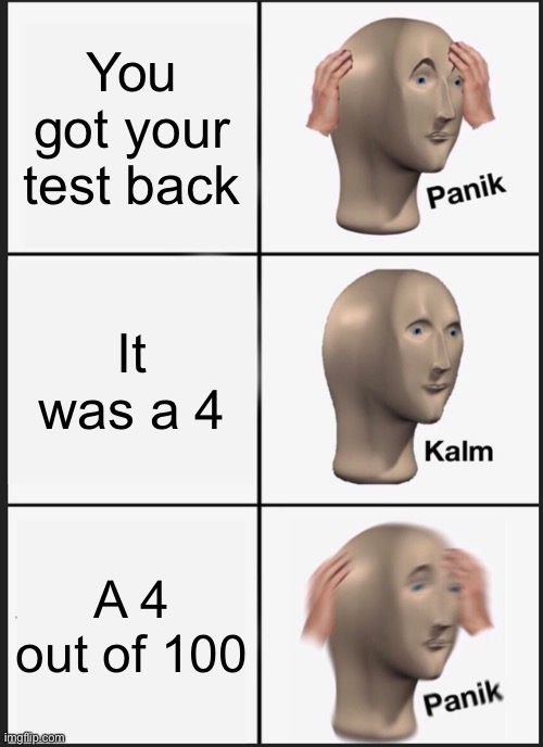 Tests be like | You got your test back; It was a 4; A 4 out of 100 | image tagged in memes,panik kalm panik | made w/ Imgflip meme maker