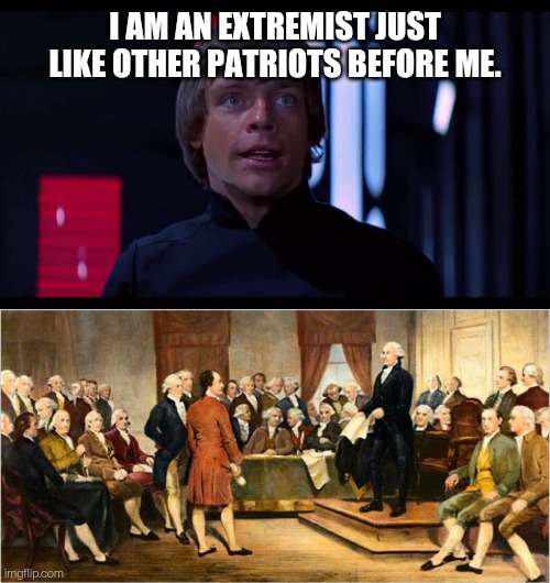 Extremist Luke | I AM AN EXTREMIST JUST LIKE OTHER PATRIOTS BEFORE ME. | image tagged in founding fathers,star wars,luke skywalker | made w/ Imgflip meme maker