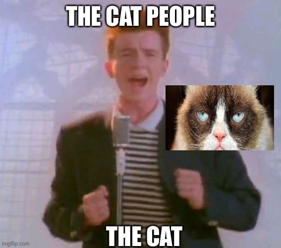 Never gonna give it up | THE CAT PEOPLE; THE CAT | image tagged in never gonna give it up | made w/ Imgflip meme maker