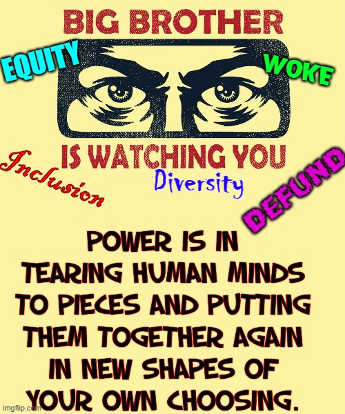 The Plan: Take away our History. Hijack our Language —Why? Control |  EQUITY; WOKE; Inclusion; Diversity; DEFUND; POWER IS IN
TEARING HUMAN MINDS
TO PIECES AND PUTTING
THEM TOGETHER AGAIN
IN NEW SHAPES OF
YOUR OWN CHOOSING. | image tagged in vince vance,equity,woke,inclusion,diversity,memes | made w/ Imgflip meme maker