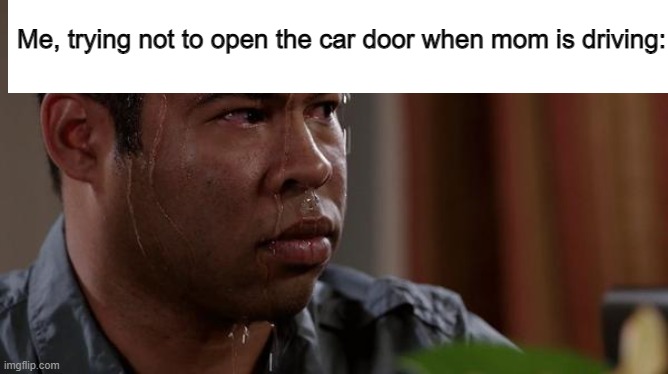 relatable meme bois | Me, trying not to open the car door when mom is driving: | image tagged in sweating bullets,stolen meme | made w/ Imgflip meme maker