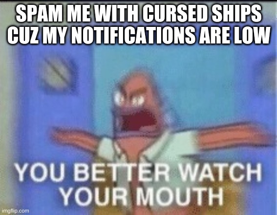 YOU BETTER WATCH YOUR MOUTH single panel | SPAM ME WITH CURSED SHIPS CUZ MY NOTIFICATIONS ARE LOW | image tagged in you better watch your mouth single panel | made w/ Imgflip meme maker