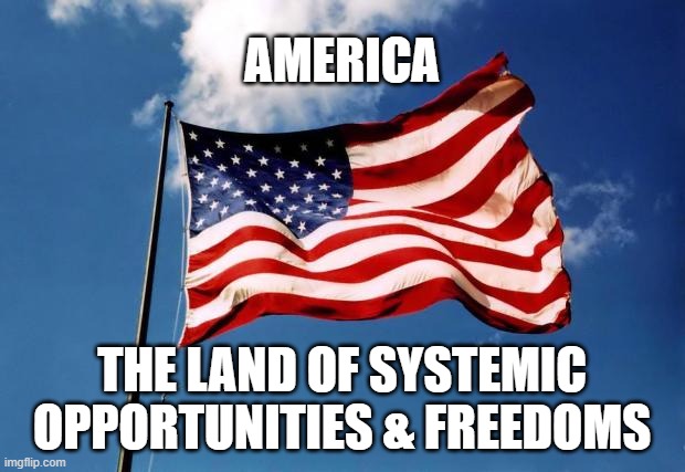 AMERICA - The Land of Systemic Opportunities | AMERICA; THE LAND OF SYSTEMIC OPPORTUNITIES & FREEDOMS | image tagged in us flag,systemic,freedom,opportunity,united states,black lives matter | made w/ Imgflip meme maker