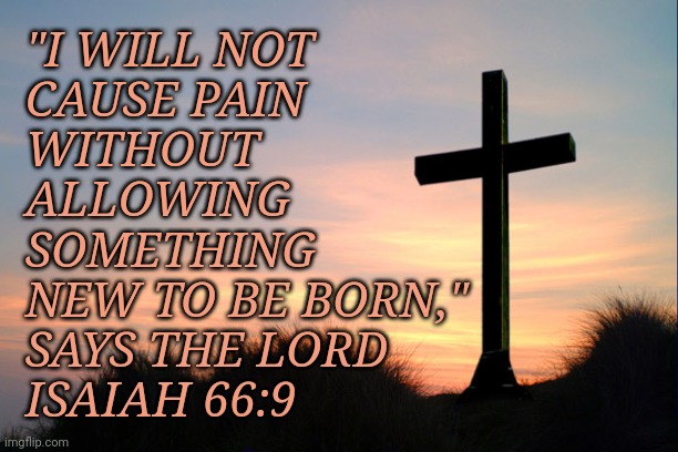 Cross | "I WILL NOT
CAUSE PAIN
WITHOUT 
ALLOWING 

SOMETHING
NEW TO BE BORN,"
SAYS THE LORD

ISAIAH 66:9 | image tagged in cross | made w/ Imgflip meme maker
