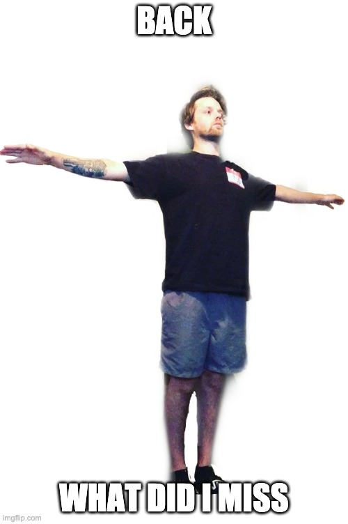 Yub T-Posing (transparent) | BACK; WHAT DID I MISS | image tagged in yub t-posing transparent | made w/ Imgflip meme maker