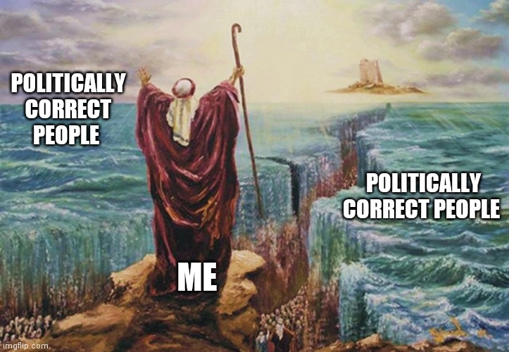 Moses | POLITICALLY CORRECT PEOPLE; POLITICALLY CORRECT PEOPLE; ME | image tagged in moses | made w/ Imgflip meme maker