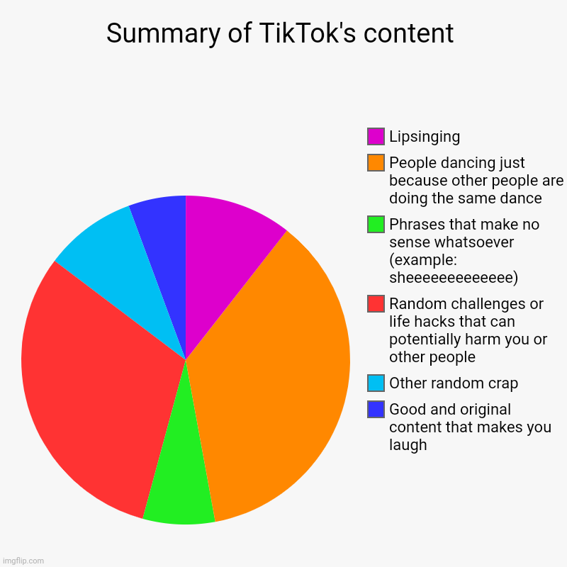 Comment if i missed anything | Summary of TikTok's content | Good and original content that makes you laugh, Other random crap, Random challenges or life hacks that can po | image tagged in charts,pie charts | made w/ Imgflip chart maker