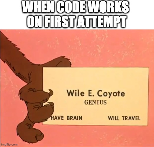 Genius by trade | WHEN CODE WORKS 
ON FIRST ATTEMPT | image tagged in wile e coyote genius card | made w/ Imgflip meme maker