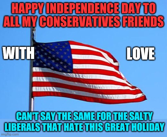 DON'T REALLY HAVE ANY LIBERAL FRIENDS ANYWAY | HAPPY INDEPENDENCE DAY TO ALL MY CONSERVATIVES FRIENDS; WITH; LOVE; CAN'T SAY THE SAME FOR THE SALTY LIBERALS THAT HATE THIS GREAT HOLIDAY | image tagged in american flag,independence day,4th of july,conservatives,liberals | made w/ Imgflip meme maker