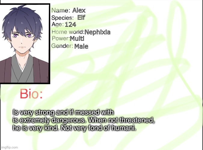 My oc | Alex; Elf; 124; Nephixia; Multi; Male; Is very strong and if messed with is extremely dangerous. When not threatened, he is very kind. Not very fond of humani. | image tagged in oc id,memes,elf | made w/ Imgflip meme maker