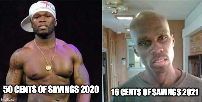 Change shortage | 16 CENTS OF SAVINGS 2021; 50 CENTS OF SAVINGS 2020 | image tagged in 50 cent,16 cent | made w/ Imgflip meme maker