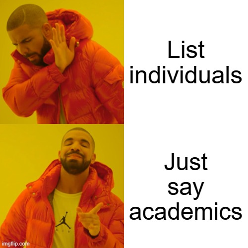 Drake Hotline Bling Meme | List individuals Just say academics | image tagged in memes,drake hotline bling | made w/ Imgflip meme maker