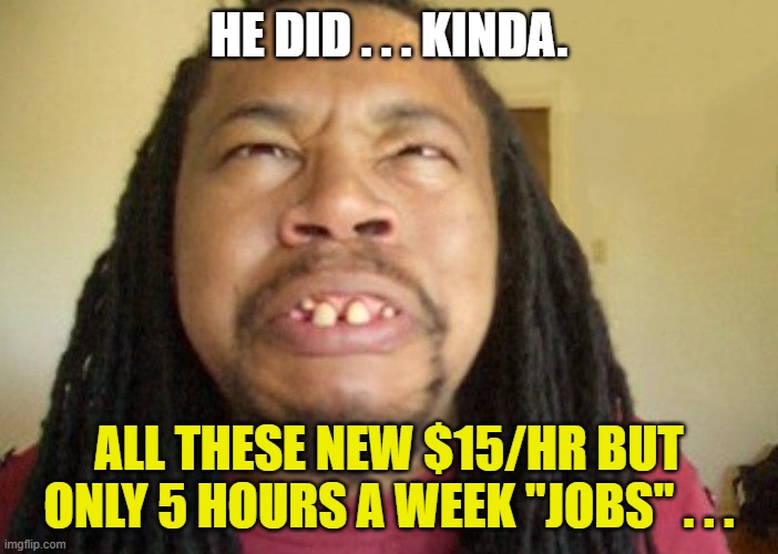 Ugly Confused Dude | HE DID . . . KINDA. ALL THESE NEW $15/HR BUT ONLY 5 HOURS A WEEK "JOBS" . . . | image tagged in ugly confused dude | made w/ Imgflip meme maker