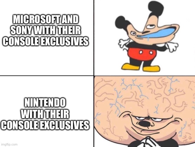 Plz don’t kill me it’s just an opinion :/ | MICROSOFT AND SONY WITH THEIR CONSOLE EXCLUSIVES; NINTENDO WITH THEIR CONSOLE EXCLUSIVES | image tagged in big brain mokey,nintendo,microsoft,sony | made w/ Imgflip meme maker