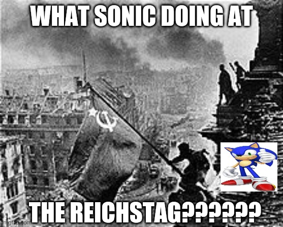 sonic at the reichstag | WHAT SONIC DOING AT; THE REICHSTAG?????? | image tagged in sonic the hedgehog,ww2 | made w/ Imgflip meme maker