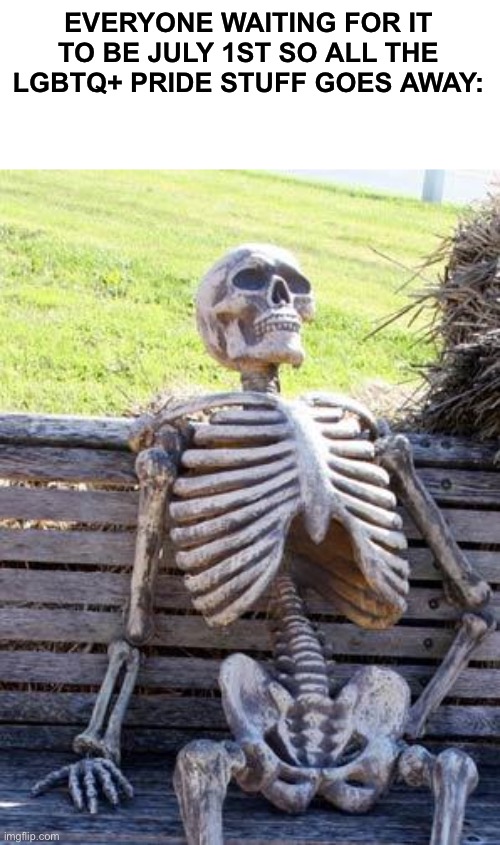 Everyone: |  EVERYONE WAITING FOR IT TO BE JULY 1ST SO ALL THE LGBTQ+ PRIDE STUFF GOES AWAY: | image tagged in memes,waiting skeleton,lgbtq,funny memes,lol,funny | made w/ Imgflip meme maker