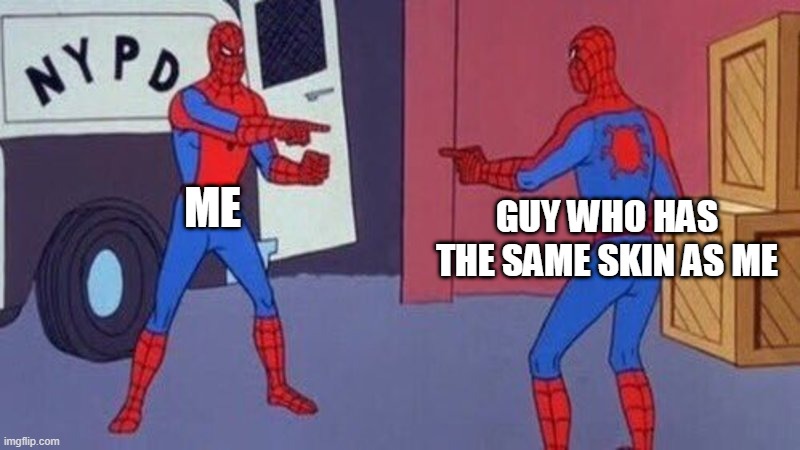 spiderman pointing at spiderman | ME; GUY WHO HAS THE SAME SKIN AS ME | image tagged in spiderman pointing at spiderman | made w/ Imgflip meme maker