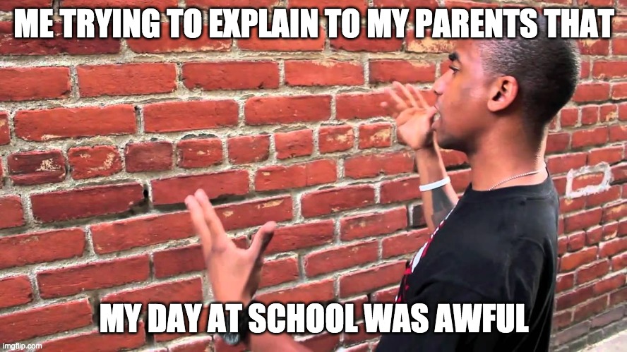 Talking to wall | ME TRYING TO EXPLAIN TO MY PARENTS THAT; MY DAY AT SCHOOL WAS AWFUL | image tagged in talking to wall | made w/ Imgflip meme maker