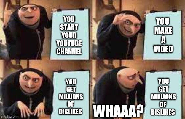 How To Start  A YouTube Channel            (As Hosted By Gru) | YOU
START
YOUR
YOUTUBE
CHANNEL; YOU 
MAKE
A
VIDEO; YOU
GET
MILLIONS
OF 
DISLIKES; YOU
GET
MILLIONS
OF 
DISLIKES; WHAAA? | image tagged in funny memes,gru's plan,funny | made w/ Imgflip meme maker