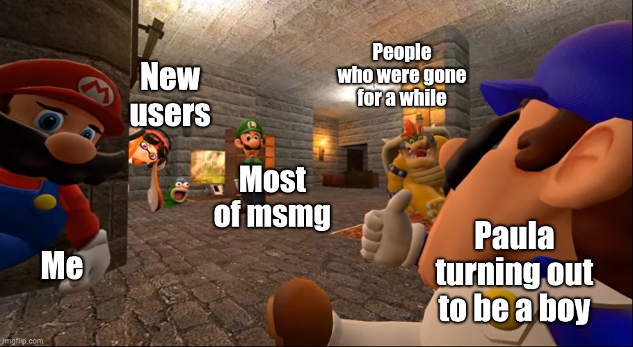 Yes I know it's old news | New users; People who were gone for a while; Most of msmg; Me; Paula turning out to be a boy | image tagged in smg4 pizza | made w/ Imgflip meme maker