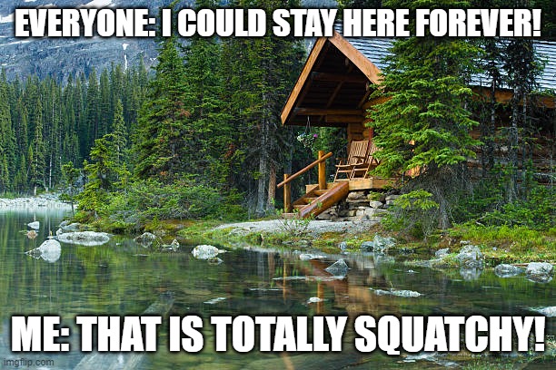 Perfect Scene | EVERYONE: I COULD STAY HERE FOREVER! ME: THAT IS TOTALLY SQUATCHY! | image tagged in squatch,funny,fun | made w/ Imgflip meme maker