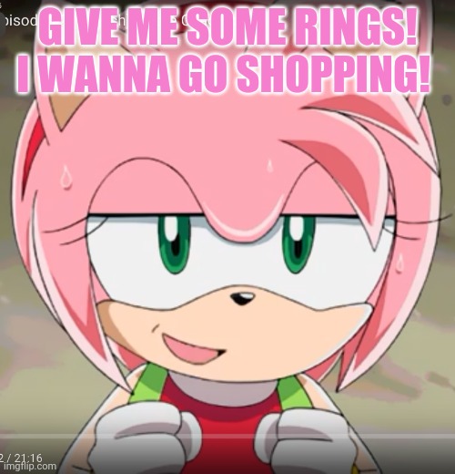 Amy Rose! | GIVE ME SOME RINGS! I WANNA GO SHOPPING! | image tagged in amy rose | made w/ Imgflip meme maker